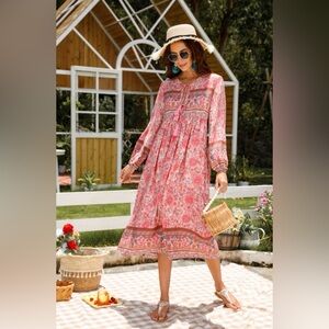 🩷Long Sleeve Floral Bohemian Midi Dress